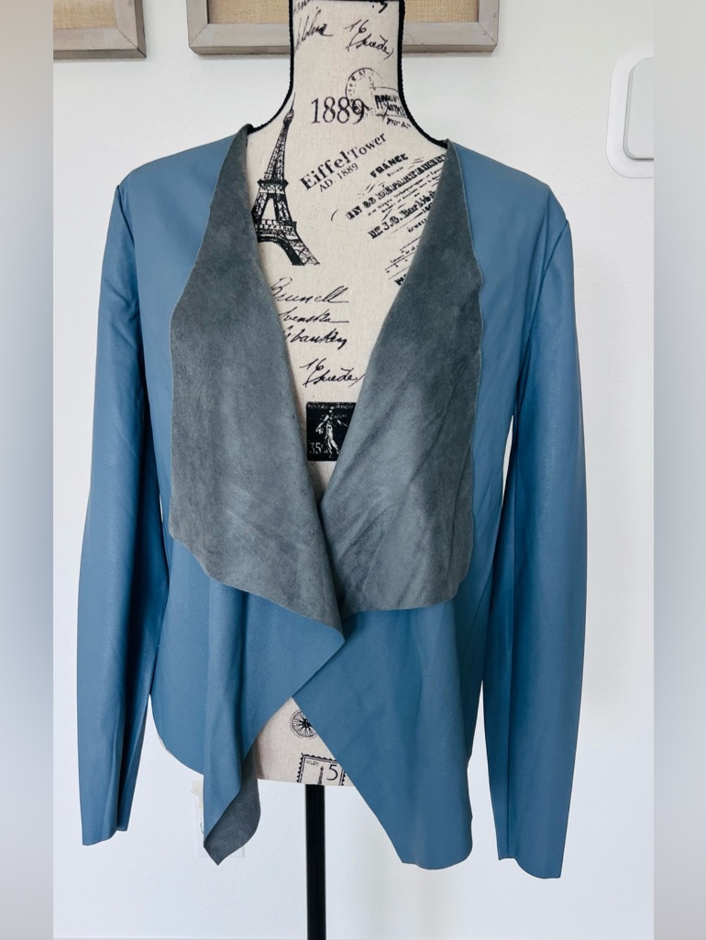 Women's Blue Draped Microsuede Open-Front Leather Jacket